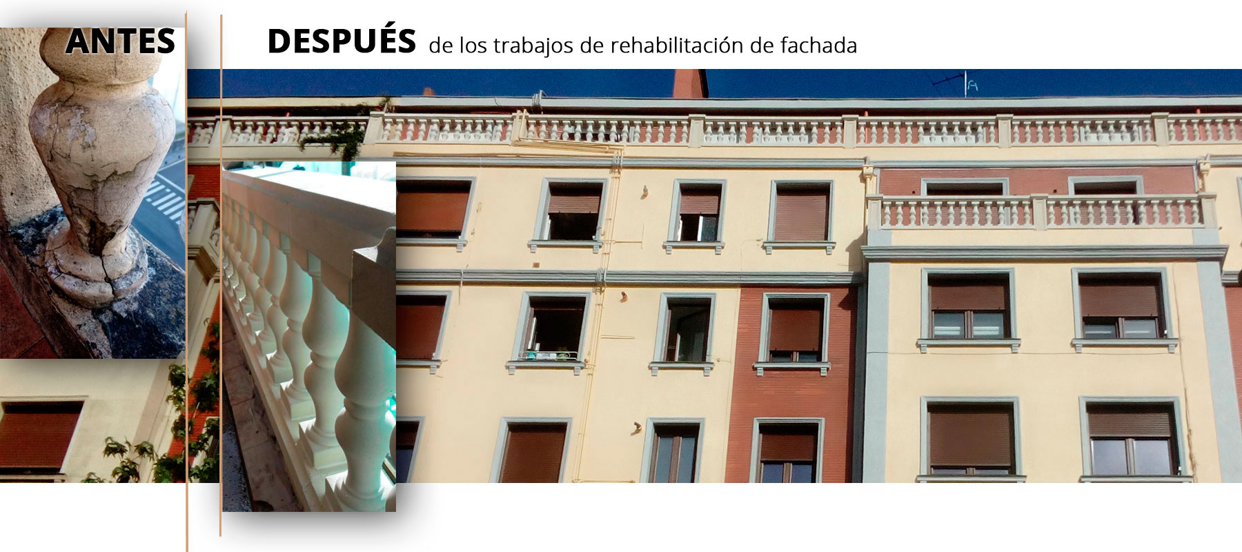 Antes y después de la reforma y rehabilitación de fachada y rehabilitación de balaustre en un edificio de Bilbao